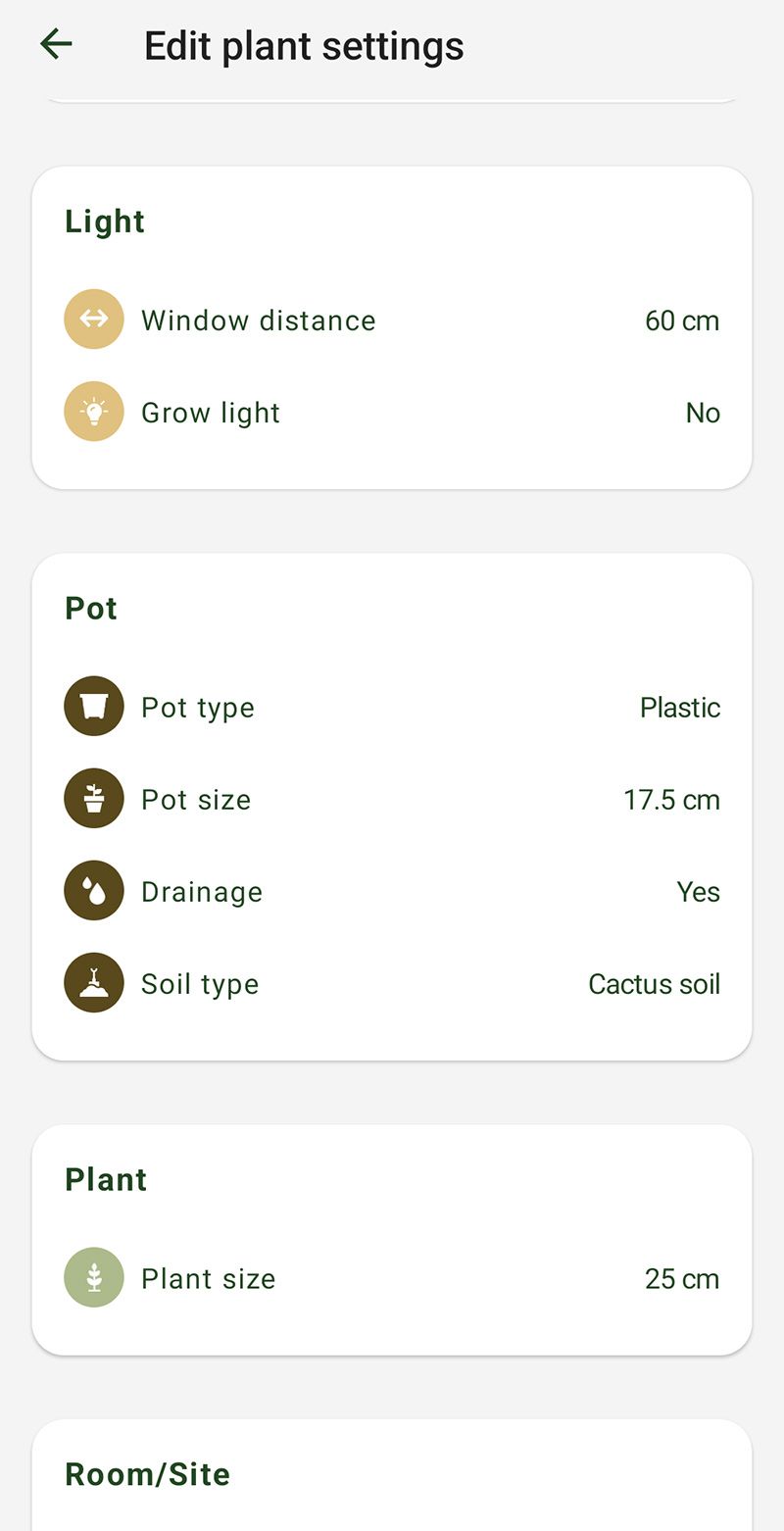 Screenshot of a selected plant's details