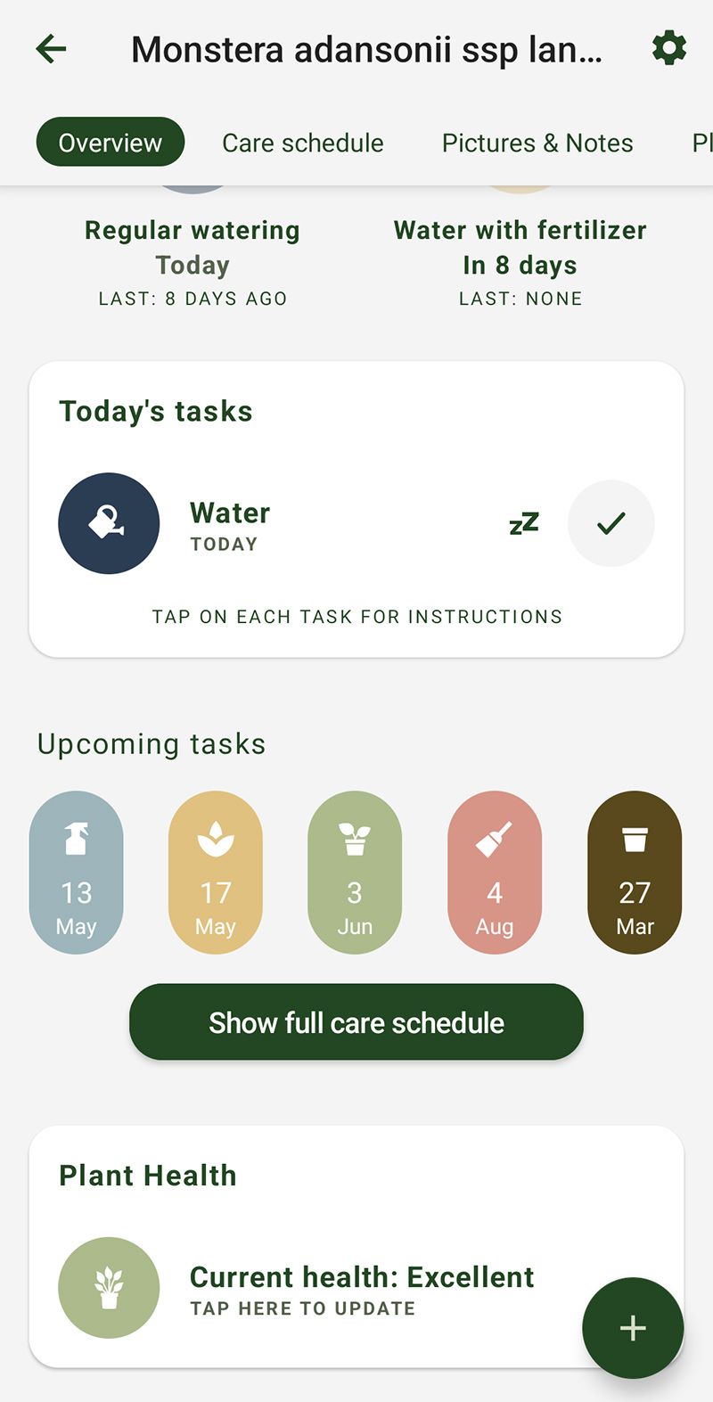 Screenshot of my Monstera's care schedule